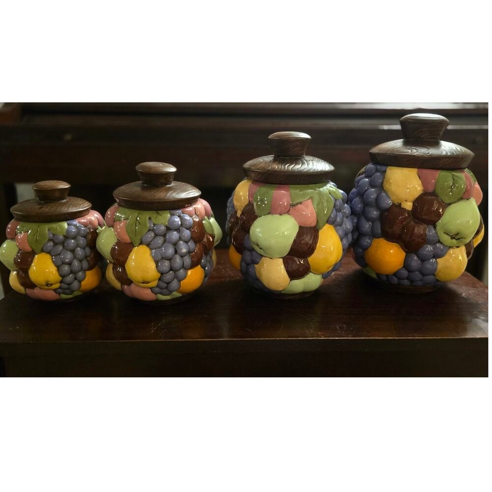 Set of 4 Hand Painted Fruit Ceramic Canisters